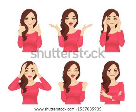 Set of different emotions young beautiful woman. Facial expression with various gestures isolated vector illustration