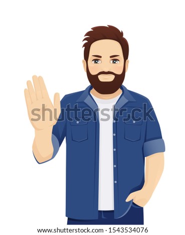 Serious determined bearded man showes stop gesture with his hand isolated vector illustration