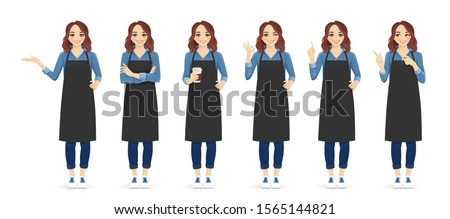 Smiling woman in apron standing with different gestures isolated vector illustration