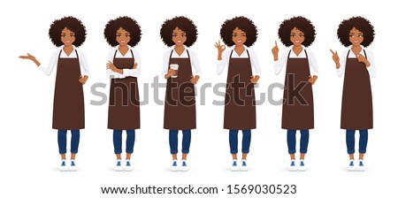 Smiling woman with afro hairstyle in apron standing with different gestures isolated vector illustration