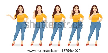 Young happy beautiful plus size woman wearing jeans in different poses isolated vector illustration set