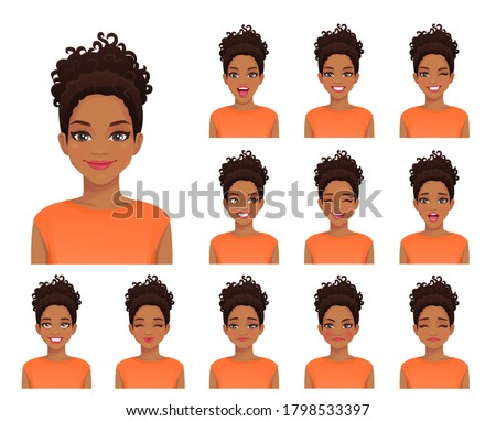 African american woman with different facial expressions and afro hairstyle set isolated