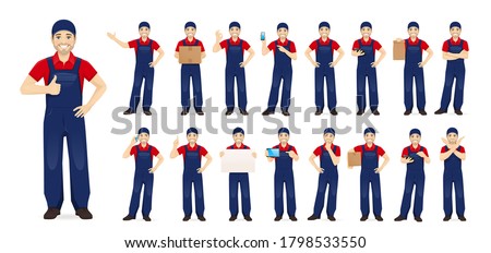 Handsome man in blue overalls standing in different poses set isolated vector illustration