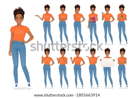 Young african woman in casual style clothes set different gestures isolated vector iilustration