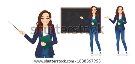 Female young teacher in casual clothes at blackboard with copy space showing something using pointer stick isolated vector illustration