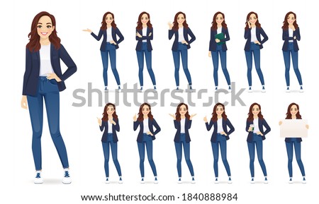 Casual business woman character in different poses set in jeans isolated vector illustration