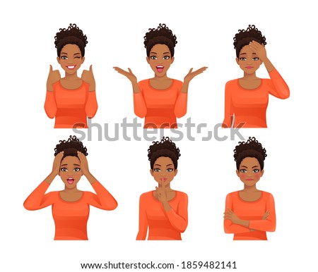 Set of young african woman with long hair. Facial expression with various gestures isolated vector illustration