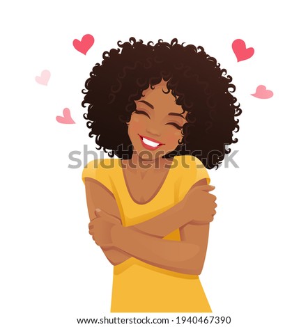 Happy cute african woman with afro hairstyle hugging herself with enjoying emotions isolated. Love concept of yourself body vector illustration.