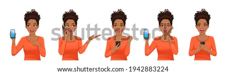 Surprised african shocked beatiful woman with phone set isolated vector illustration