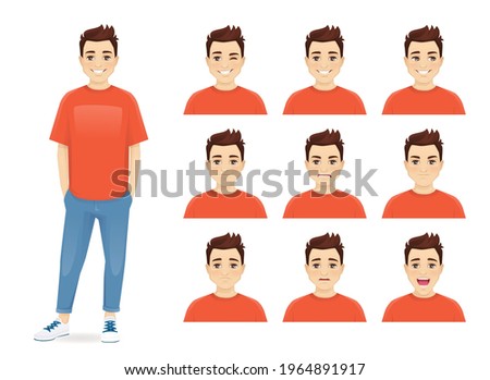 Young man with different facial expressions set vector illustration isolated