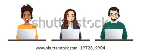 Women and men in headphones with laptop. Customer support operator team vector illustration isolated