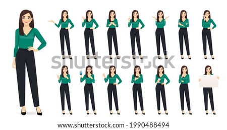 Elegant business woman character in different poses set in jeans isolated vector illustration
