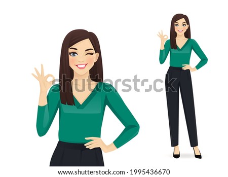 Elegant business woman gesturing ok sign isolated vector illustration
