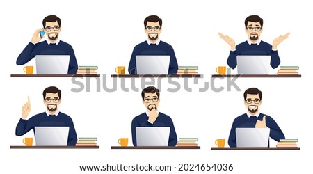 Handsome business man using laptop computer sitting at a desk isolated vector illustration
