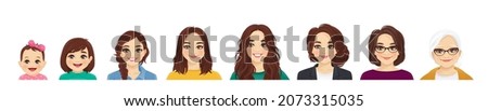 Woman of diifferent life stages cartoon characters avatars. Baby, child, teenager, adult, mature and old persons vector illustration isolated