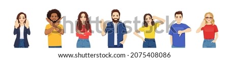 Disagree young people showing negative emotions with different gestures set. Crossed arms, stop palms, thumbs down vector illustration isolated on white background