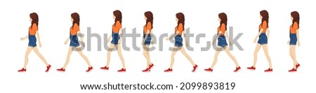 Side view of young beautiful brunette woman walk cycle for animation. Female character sequence vector illustration.