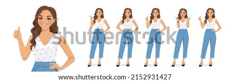 Young woman with curly hairstyle and casual style clothes in different poses set. Various gestures - surprised, pointing, standing, showing thumb up and ok sign isolated vector ilustration