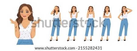 Young woman with curly hairstyle showing negative emotions with different gestures set. Thumb down, sad, angry, upset, refused isolated vector ilustration. Foto stock © 