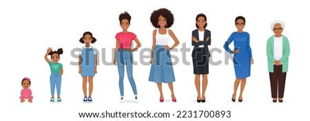 African woman of different life stages cartoon characters. Baby, child, teenager, adult, mature and old persons vector illustration isolated