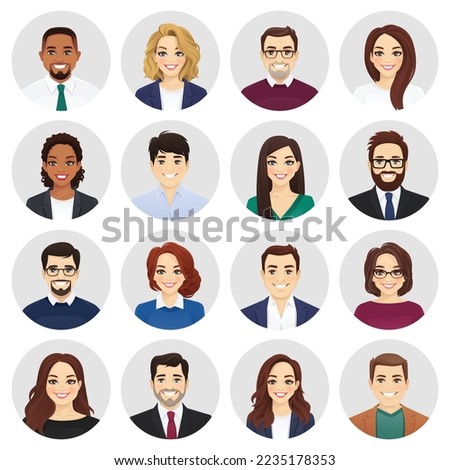Smiling diversity people in different business clothes avatar set. Men and women, male and female characters collection. Isolated vector illustration.