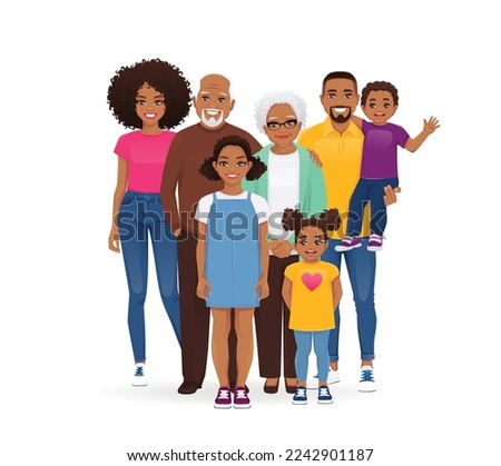 Big happy African American family with grandparents and children vector illustration isolated. Mother, father, daughter, son, grandfather, grandmother standing together.