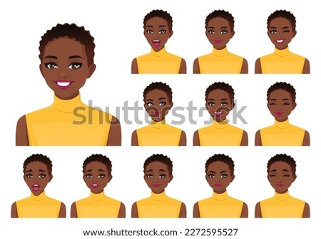 Young African American woman with short haircut different facial expressions set isolated vector illustration