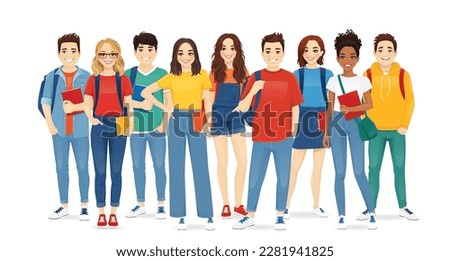 Group of young people in casual clothes with backpacks and books. Smiling students standing together isolated vector illustration