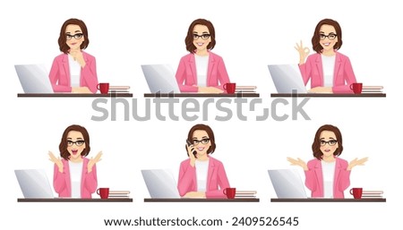 Beautiful business woman using laptop computer sitting at the desk in different poses set isolated vector illustration