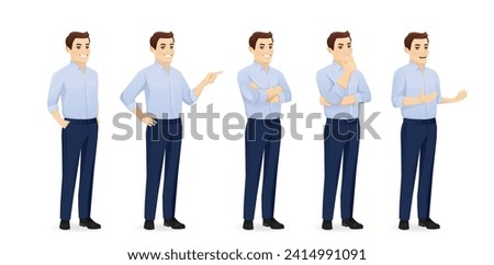 Young business man in blue shirt half turn view different gestures set isolated vector illustration