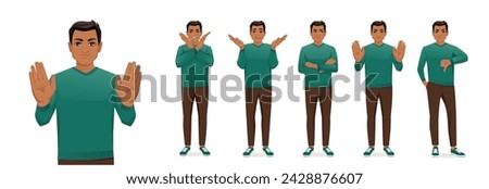 Young business man in green sweater showing negative emotions with different gestures set. Upset, dislike, angry, refused isolated vector illustration