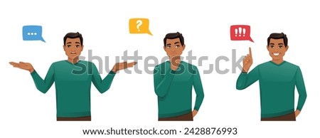 Portrait of young business man in casual closing confusing, thinking and making idea pointing up isolated on white background vector illustration