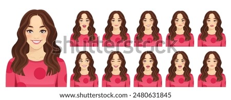 Young beautiful woman with curly hair different facial expressions set isolated vector illustration