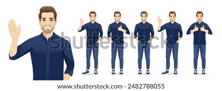 Set of young handsome man wearing blue shirt and jeans in different poses. Various gestures - greeting, showing ok sign, thumbs up, standing isolated vector illustration