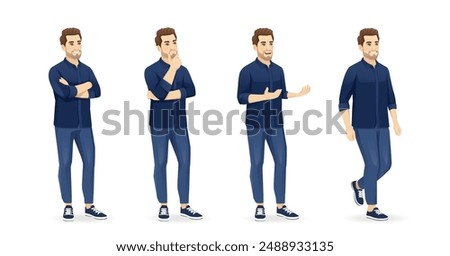 Set of young handsome man poses wearing blue shirt and jeans half turn view different gestures set isolated vector illustration