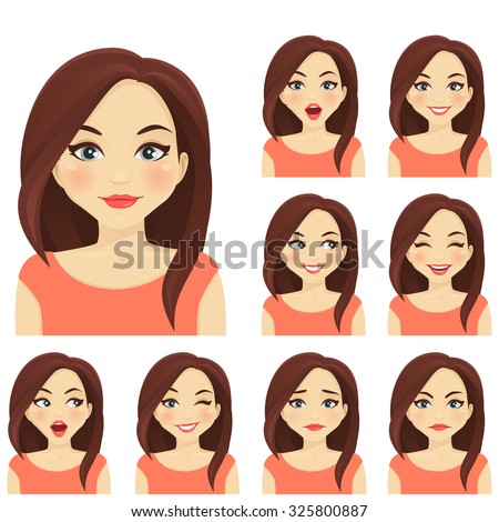 Woman with different facial expressions set