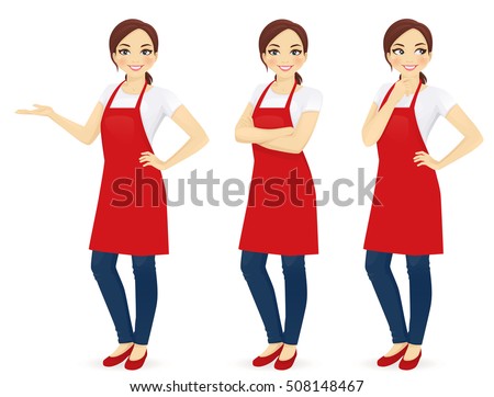 Beautiful woman in red upron standing in different poses isolated