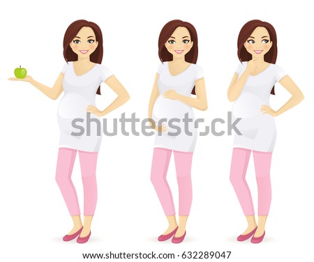 Woman pregnant standing in different poses isolated. Holding green apple, touching her belly, thinking.