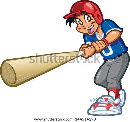 Happy Smiling Baseball Softball Little League Player Swinging a Giant Bat with Batter's Helmet