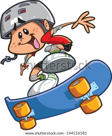 Happy Cartoon Skateboard Boy Wearing A Helmet And Doing A Cool Trick ...