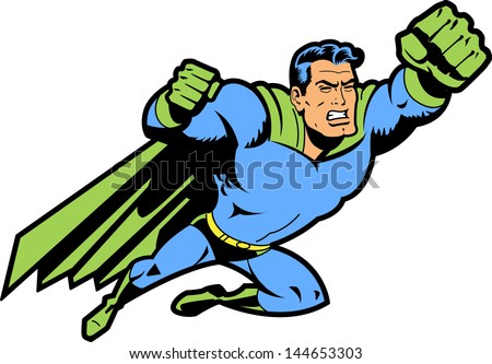 Flying Classic Retro Superhero With Clenched Teeth And Fist Ready To ...