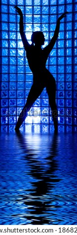 Sexy Silhouette female on a blue glass wall in water