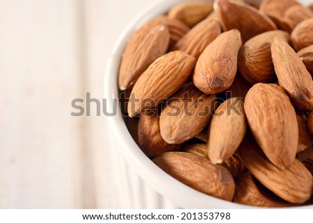 Heap of almonds in the bowl and blank space on the left side.Selective focus on the left almonds