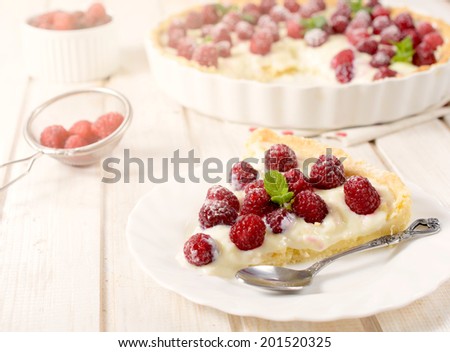 Sweet fruit tart cake with vanilla pudding.Selective focus on the front slice of tart