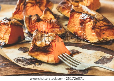 Selective focus on the front slice of grilled pumpkin