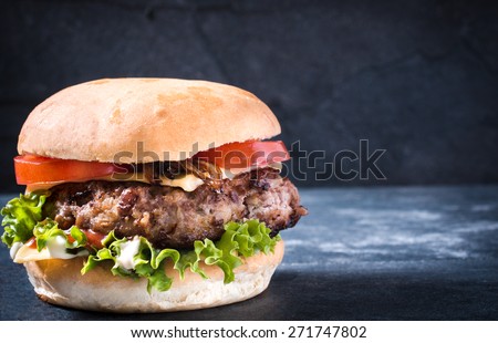 Tasty beef burger with cheese and grilled onion,selective focus and blank space