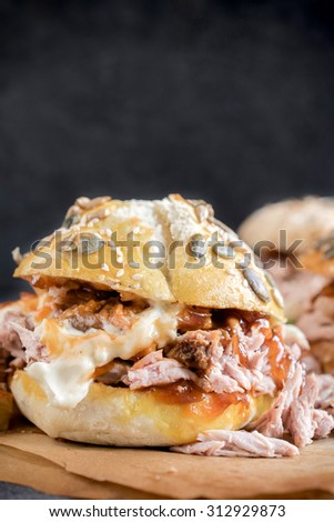 Juicy burgers with chopped meat, mayonnaise and homemade bbq sauce,selective focus and blank space