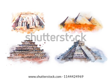 Watercolor drawing most famous buildings, architecture, sights of different countries. Abu Simbel, Great Temple of Ramesses, Giza Pyramids, Queens Pyramids, Chichen Itza, Temple of Kukulkan pyramid of