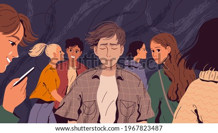 Lonely, suffering man in a crowd of people who do not notice him