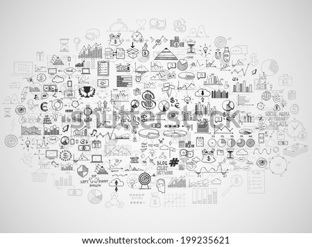 Hand draw doodle elements money and coin icon, chart graph. Concept bank business finance analytics earnings